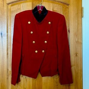 Dana Buchman red jacket with leather collar and gold buttons.